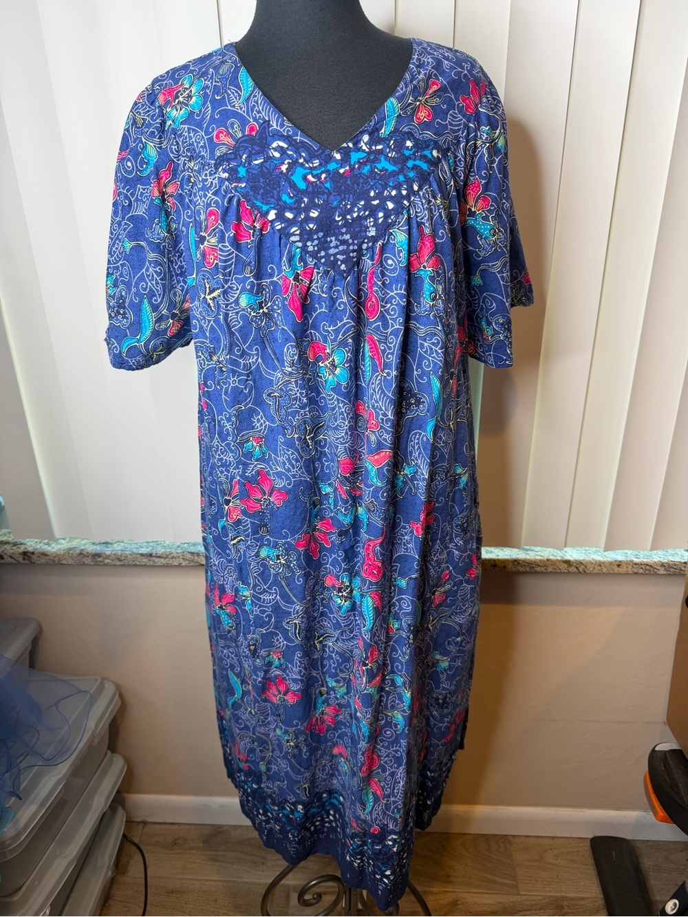 Vintage Expressions Women’s Navy Floral V-Neck Dress Pockets Mumu Size XL